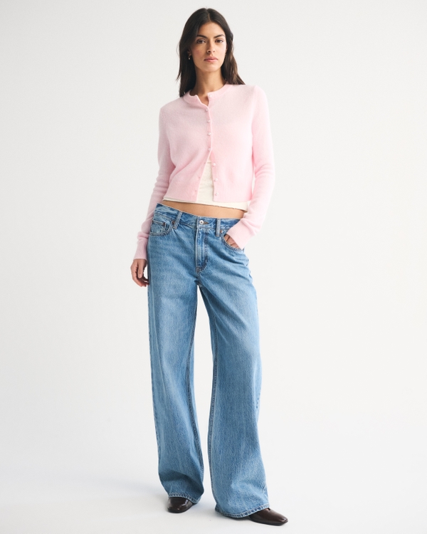 Merino Wool-Blend Shrunken Crew Cardigan, Baby Pink view 2