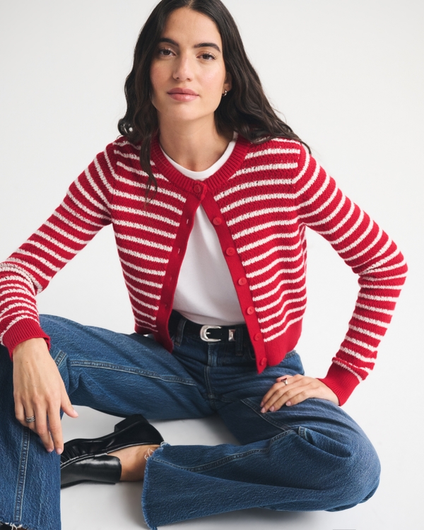 Shrunken Crew Cardigan, Red Stripe view 1