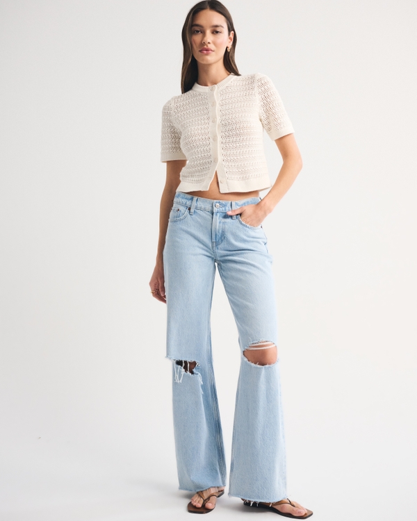 Textural Short-Sleeve Crew Cardigan, Cream view 2