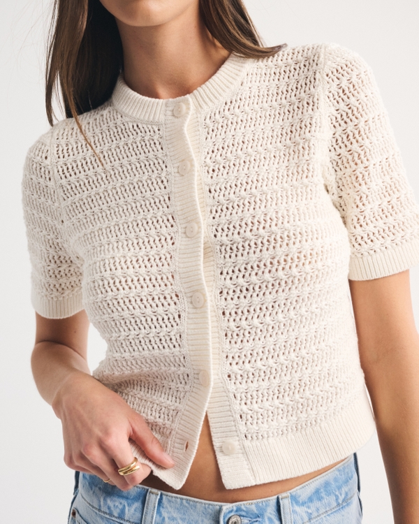 Textural Short-Sleeve Crew Cardigan