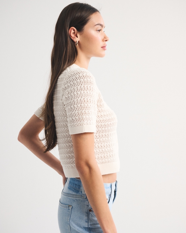 Textural Short-Sleeve Crew Cardigan