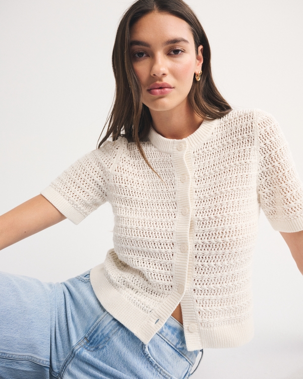 Textural Short-Sleeve Crew Cardigan