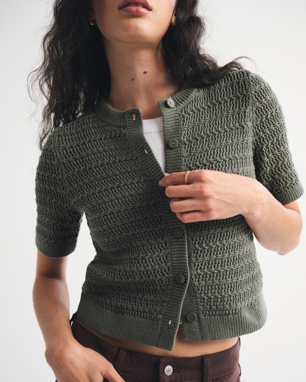 Textural Short-Sleeve Crew Cardigan