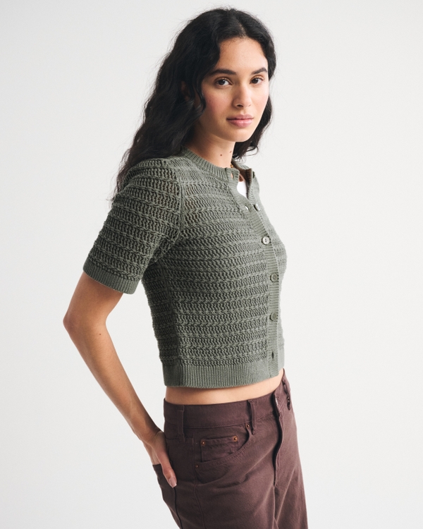Textural Short-Sleeve Crew Cardigan