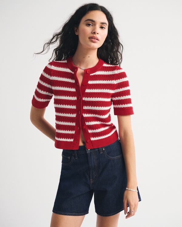 Textural Short-Sleeve Crew Cardigan, Vivid Red view 1