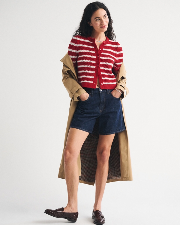 Textural Short-Sleeve Crew Cardigan, Vivid Red view 2