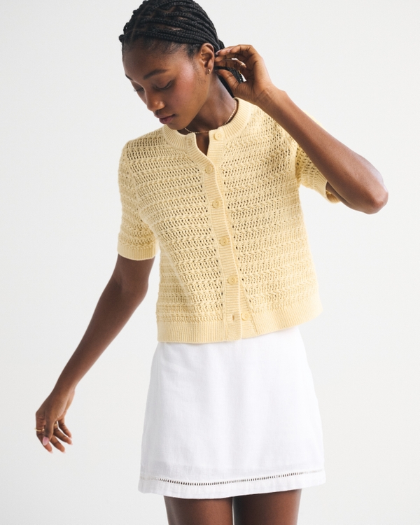 Textural Short-Sleeve Crew Cardigan, Sunny Yellow view 1