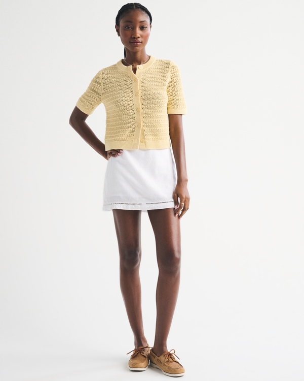 Textural Short-Sleeve Crew Cardigan, Sunny Yellow view 2
