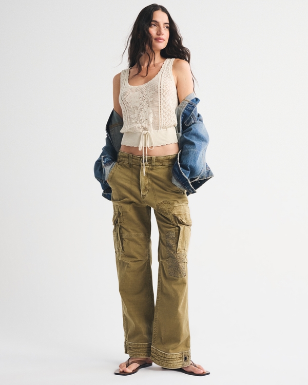 Floral Stitched Tie-Waist Sweater Tank, Cream view 2