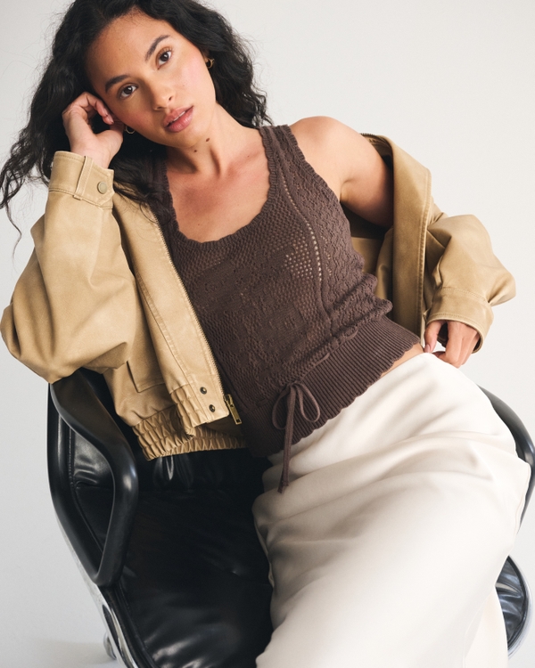 Floral Stitched Tie-Waist Sweater Tank, Brown view 1