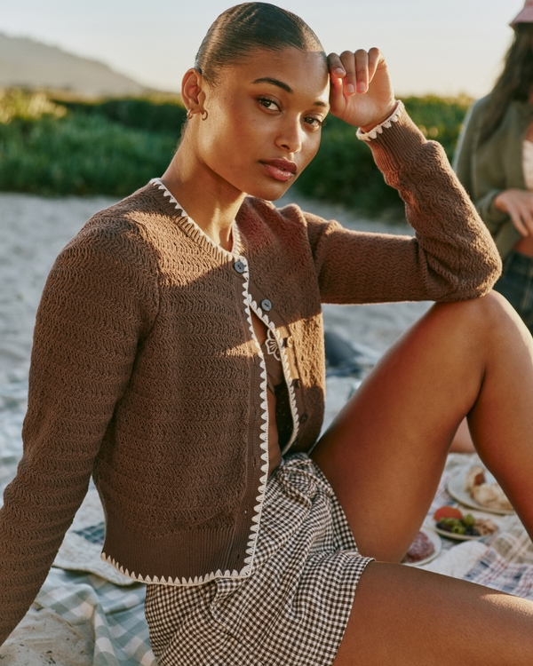 Shrunken Crew Cardigan, Dark Brown view 1