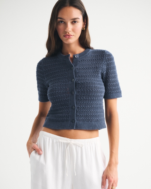テクスチャー 半袖クルーネック カーディガン, ブルー view 1