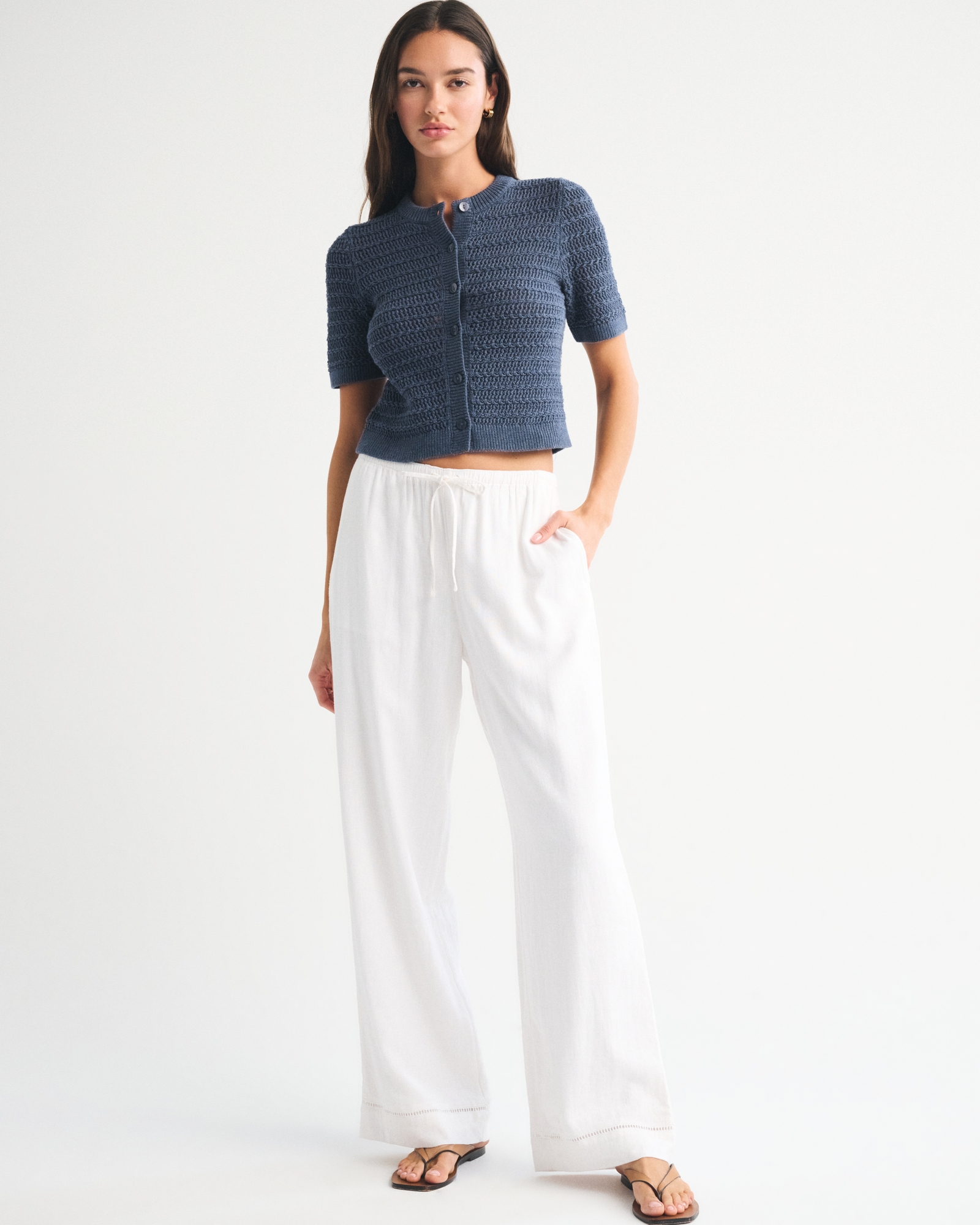 Textural Short-Sleeve Crew Cardigan