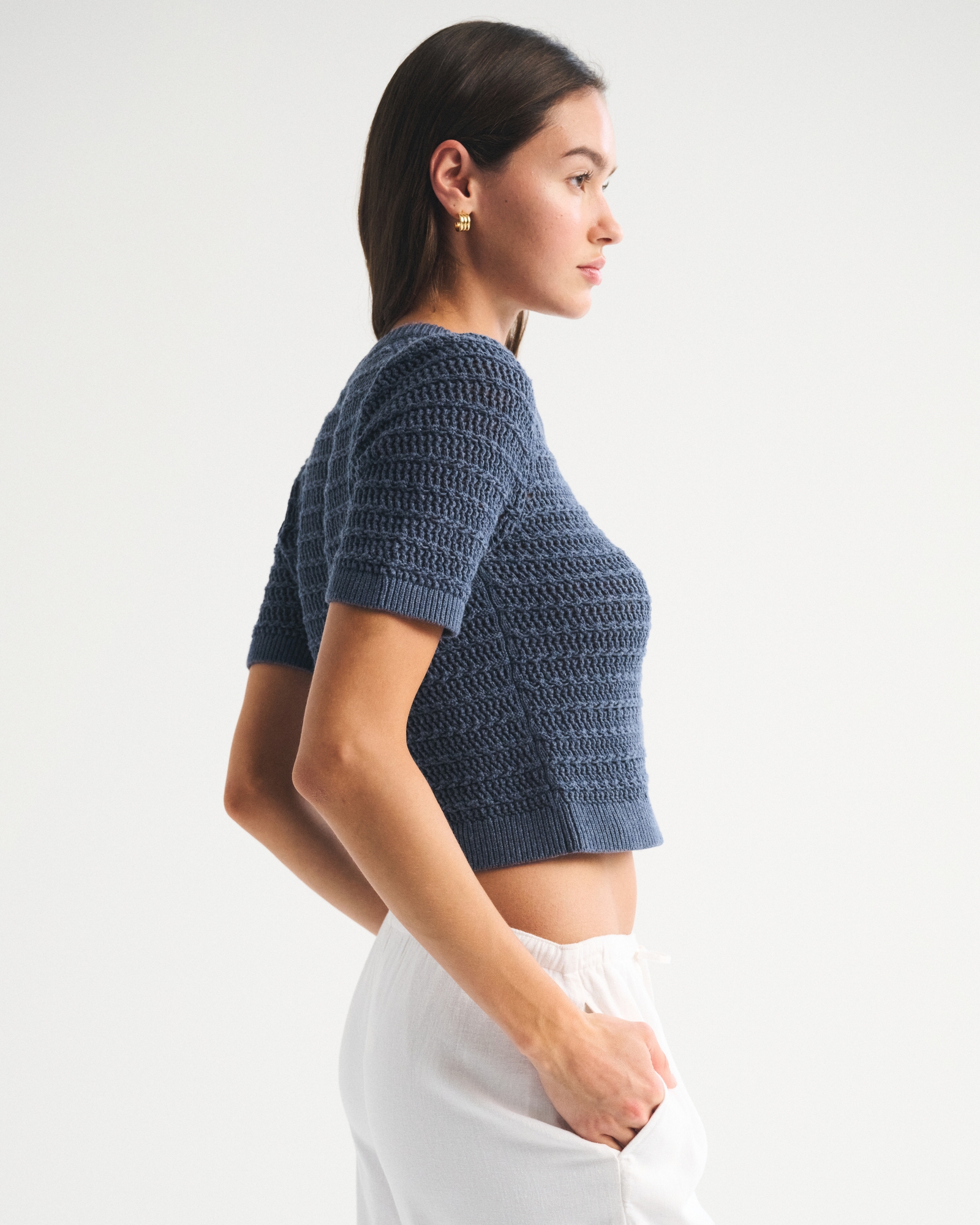 Textural Short-Sleeve Crew Cardigan