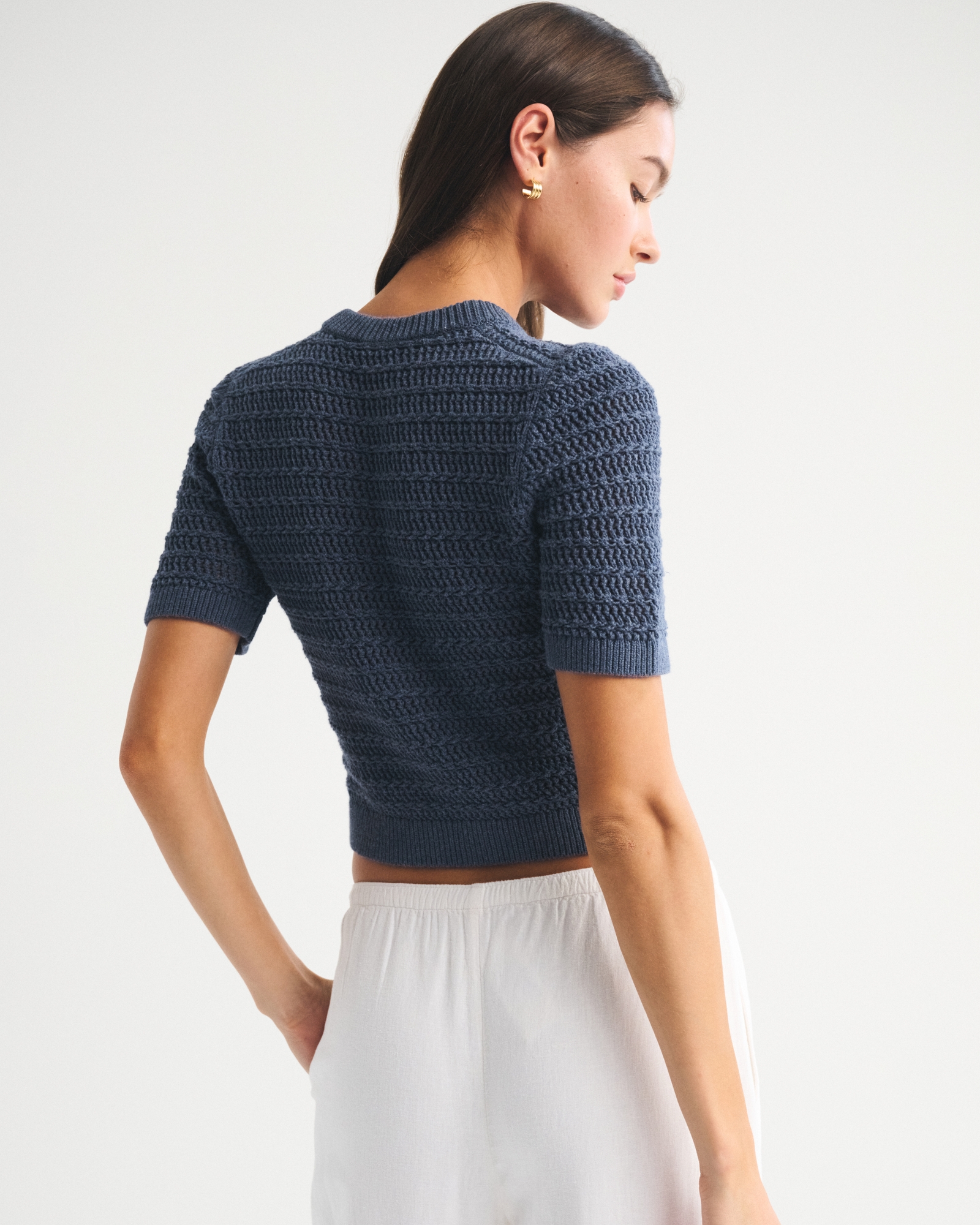 Textural Short-Sleeve Crew Cardigan