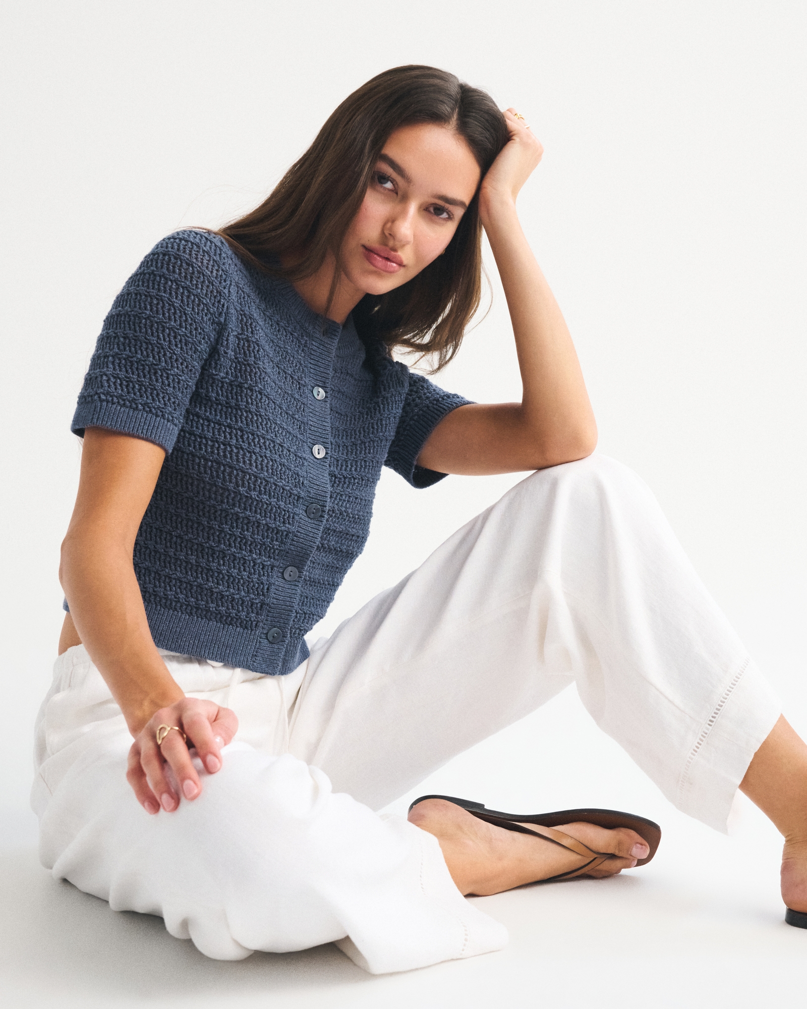 Textural Short-Sleeve Crew Cardigan
