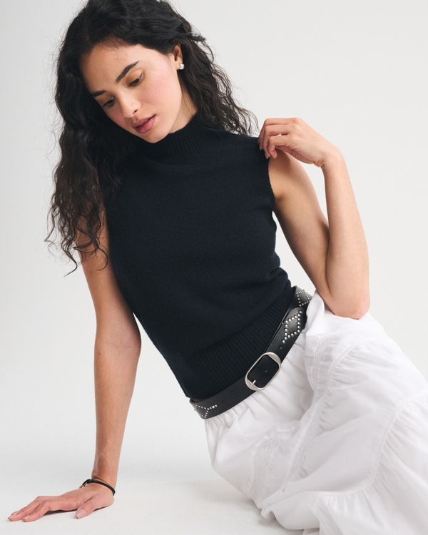 Merino Wool-Blend Sweater Shell Top, Black view 1