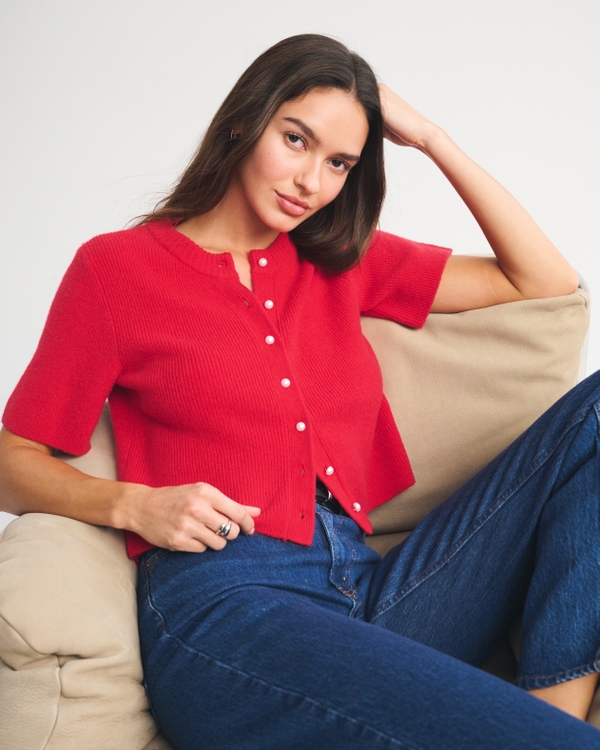 Merino Wool-Blend Short-Sleeve Cardigan, Fiery Red view 1