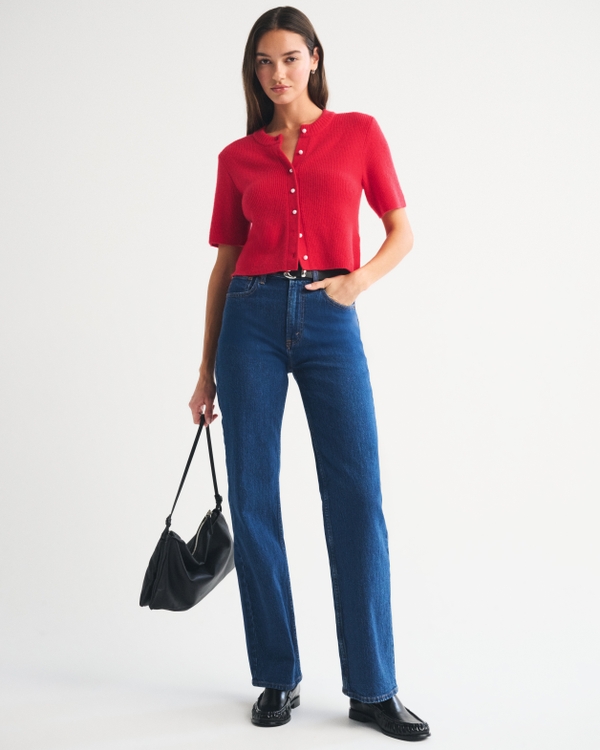 Merino Wool-Blend Short-Sleeve Cardigan, Fiery Red view 2