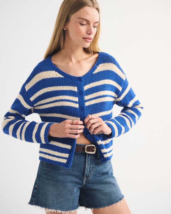 Open-Stitch Textural Crew Cardigan, Blue Stripe view 1