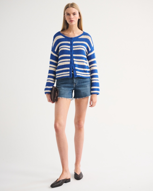 Open-Stitch Textural Crew Cardigan, Blue Stripe view 2