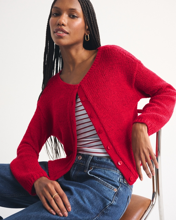 Open-Stitch Textural Crew Cardigan, Fiery Red view 1