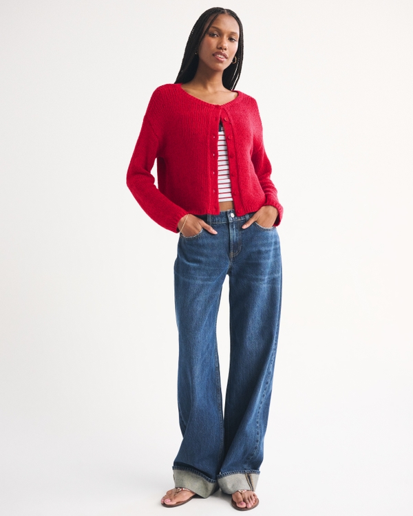 Open-Stitch Textural Crew Cardigan, Fiery Red view 2