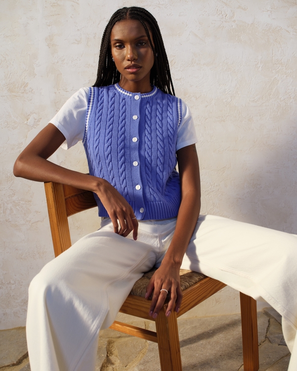 Cable-Knit Crew Sweater Vest, French Blue view 1