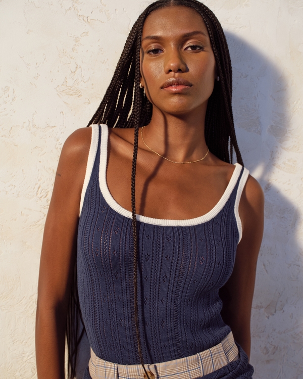 Pointelle Scoopneck Sweater Tank, Dark Blue view 1