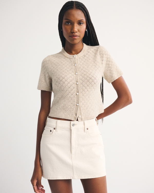 Merino Wool-Blend Short-Sleeve Cardigan, Taupe view 1