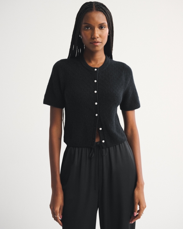 Merino Wool-Blend Short-Sleeve Cardigan, Black view 1