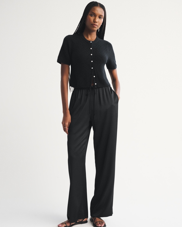 Merino Wool-Blend Short-Sleeve Cardigan, Black view 2