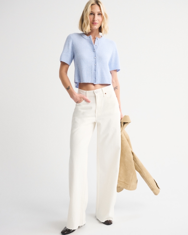 Merino Wool-Blend Short-Sleeve Cardigan, Periwinkle view 2