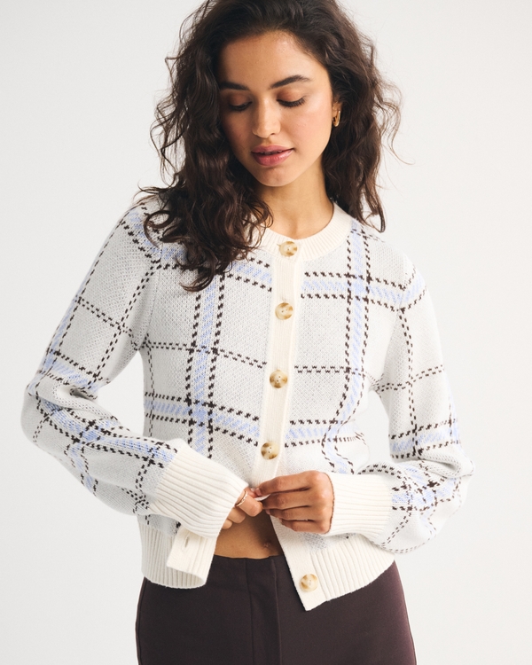 Textural Stitch Shrunken Cardigan, Cream Plaid view 1
