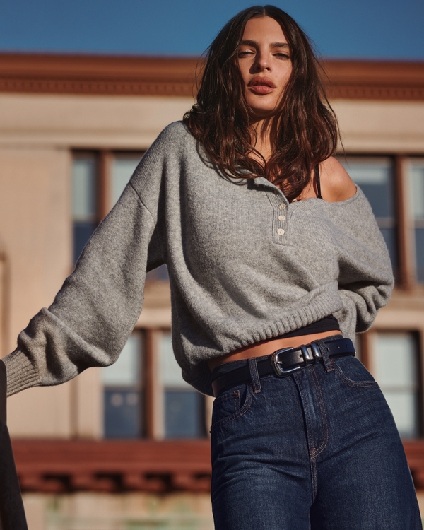 Merino Wool-Blend Henley Sweater, Gray Heather view 1