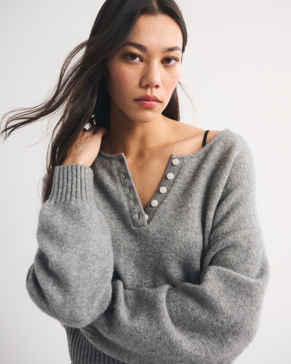 Merino Wool-Blend Henley Sweater, Gray Heather view 2