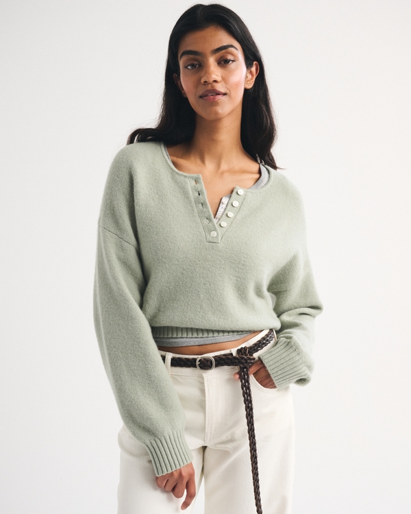 Merino Wool-Blend Henley Sweater, Slate Green view 1