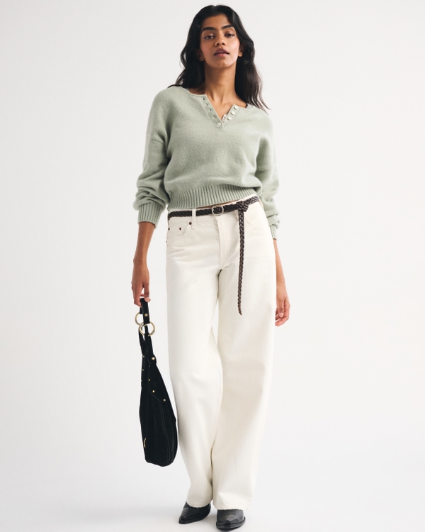 Merino Wool-Blend Henley Sweater, Slate Green view 2
