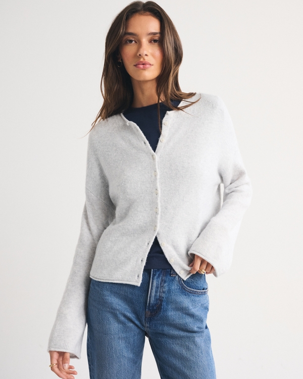 Merino Wool-Blend Roll Neck Cardigan, Light Gray view 1