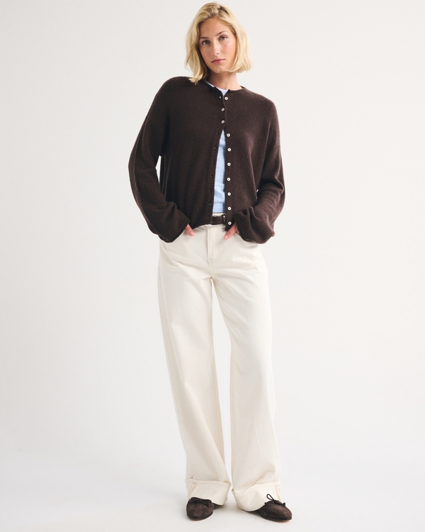 Merino Wool-Blend Roll Neck Cardigan, Dark Coffee view 2