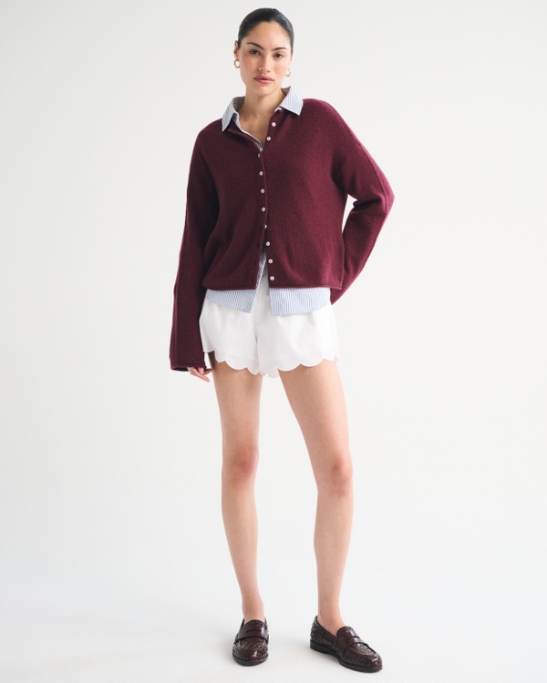 Merino Wool-Blend Roll Neck Cardigan, Red Wine view 2