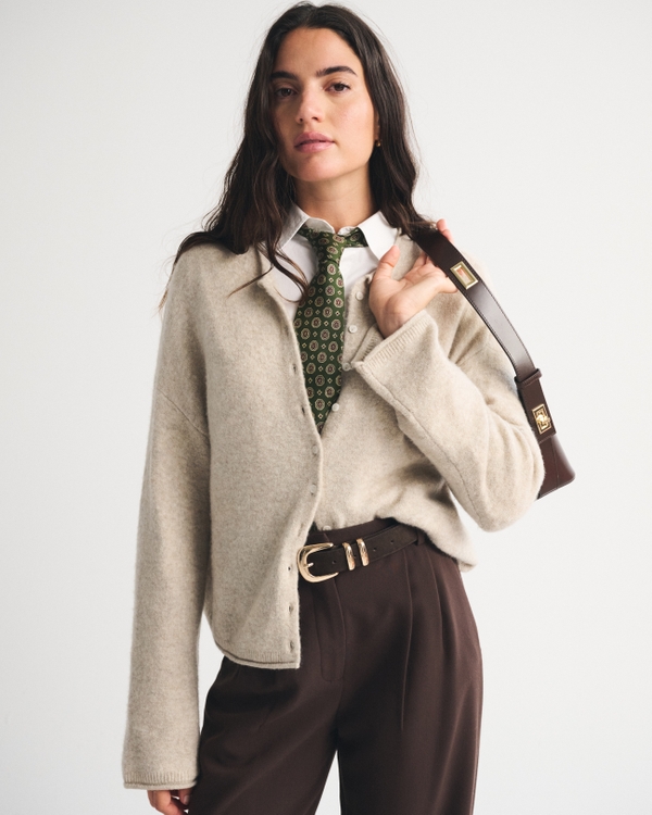 Merino Wool-Blend Roll Neck Cardigan, Light Brown Heather view 1