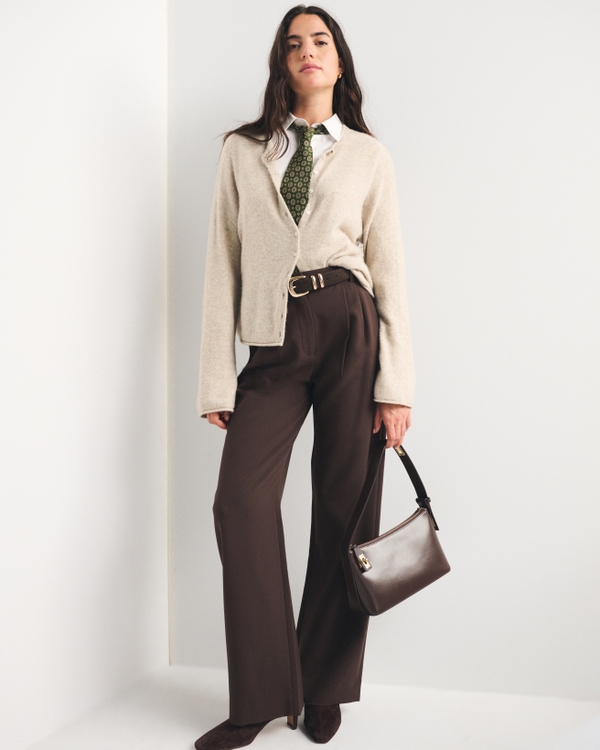 Merino Wool-Blend Roll Neck Cardigan, Light Brown Heather view 2