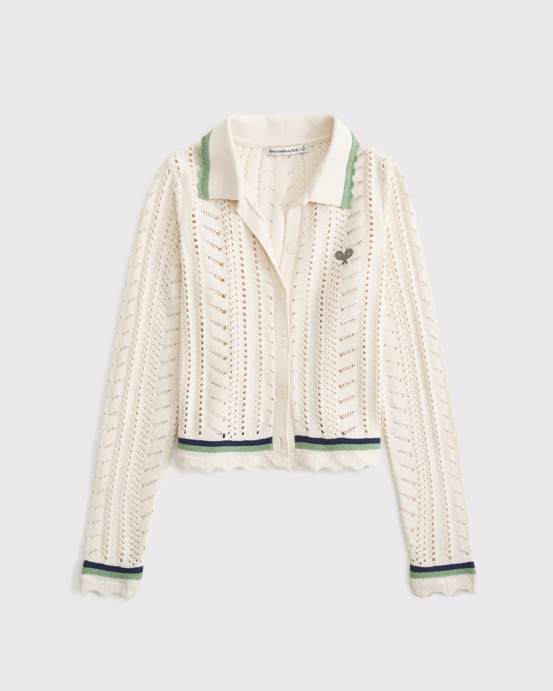 Women's Crochet-Style Collared Cardigan | Women's Tops