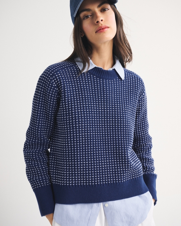100% Cotton A&F Madeline Textural Crew Sweater, Navy view 1
