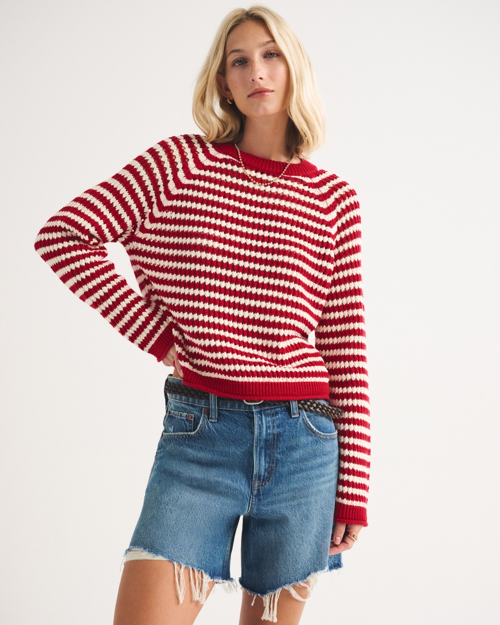 100% Cotton A&F Madeline Crochet-Style Crew Sweater