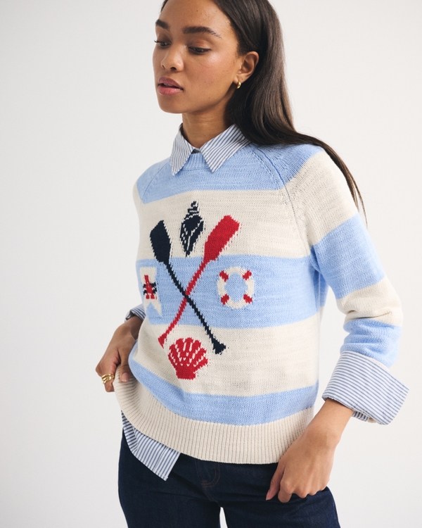 The A&F Madeline Coastal Crew Sweater, Light Blue Stripe view 1