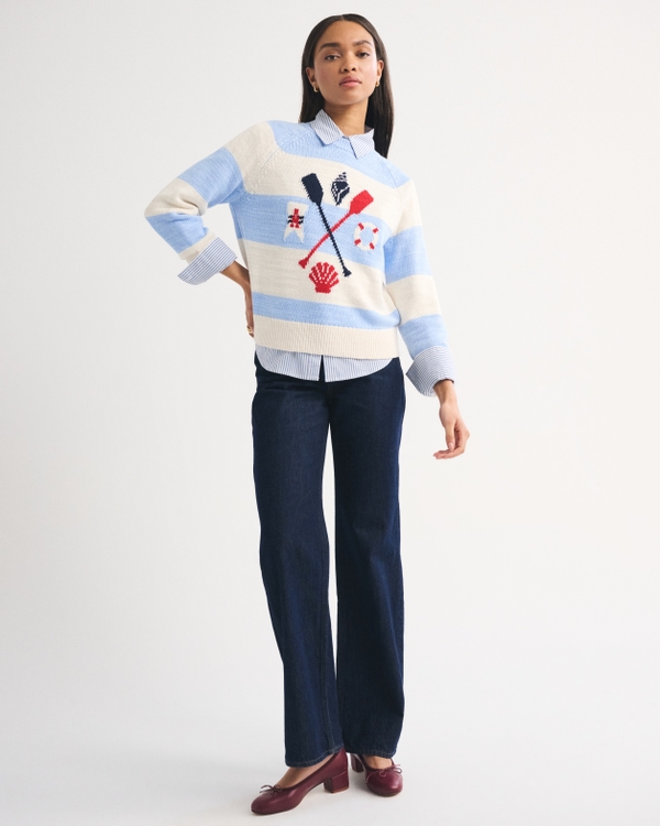 The A&F Madeline Coastal Crew Sweater, Light Blue Stripe view 2