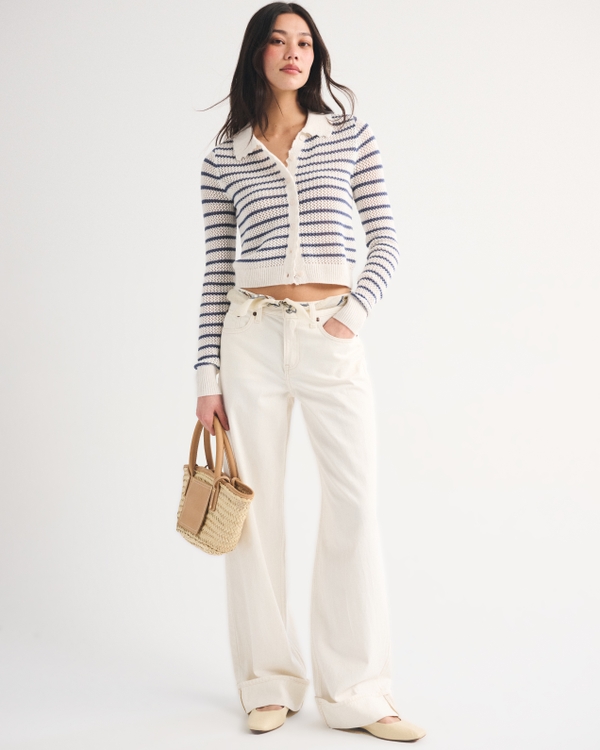 Crochet-Style Collared Cardigan, Blue Stripe view 2