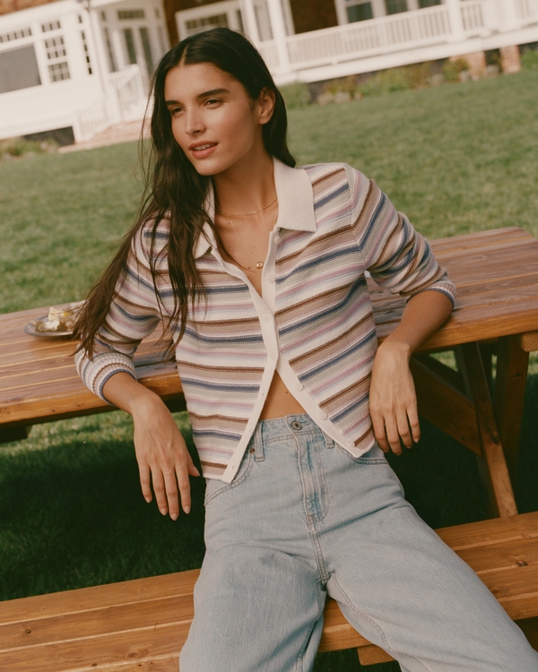 Crochet-Style Collared Cardigan, Multicolor Stripe view 1